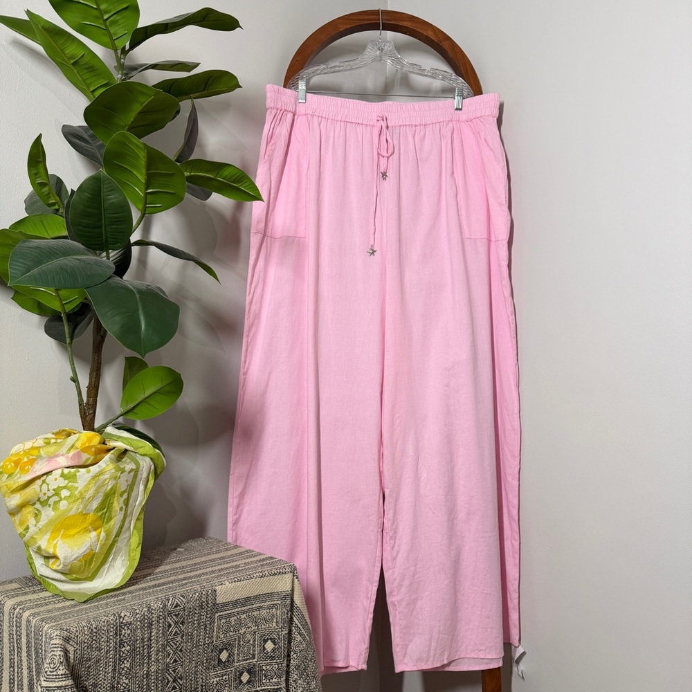 Boohoo 20/22 Pink Linen Blend Elastic Waist Pull On Wide Leg Pants NEW